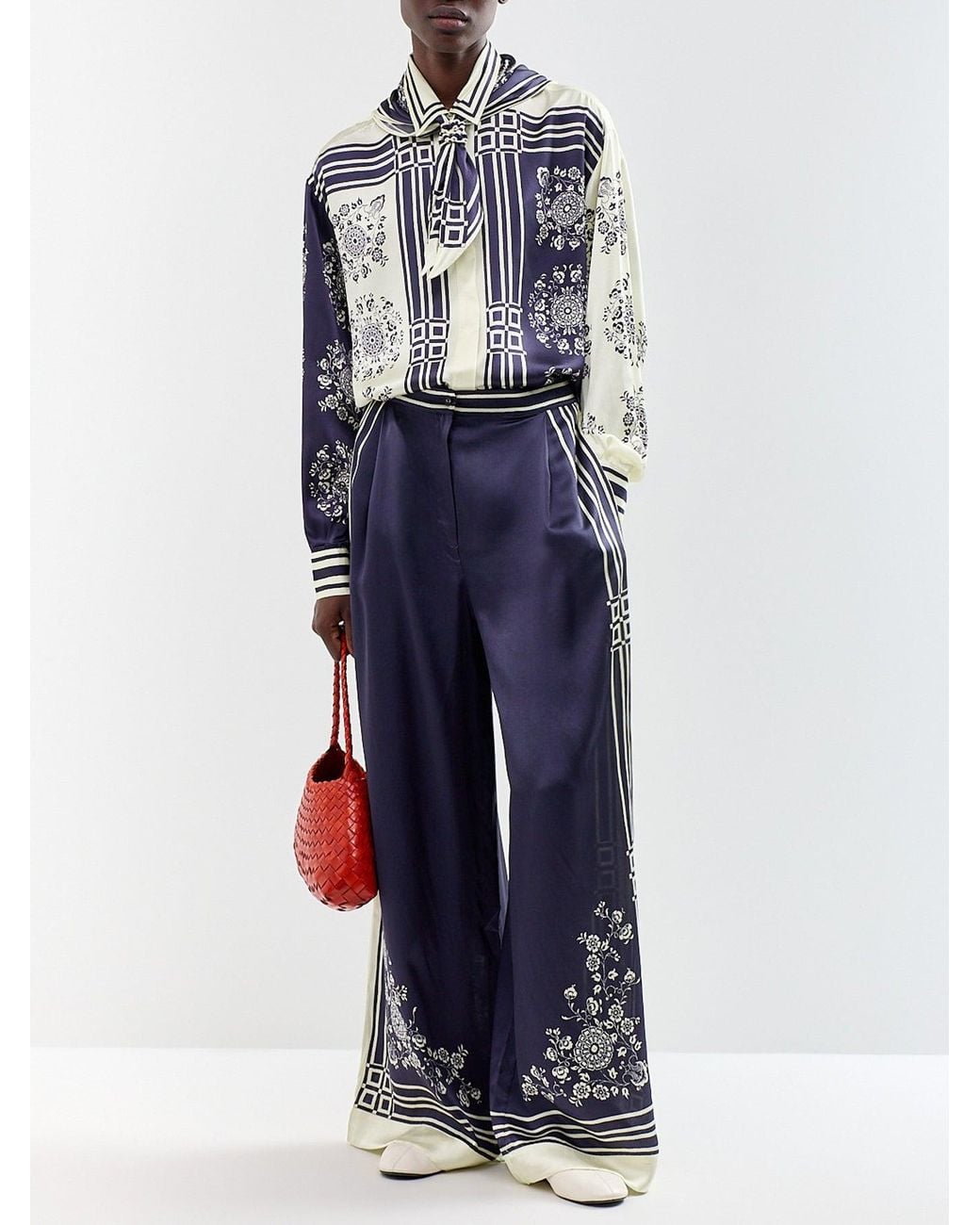 ALÉMAIS Blue Banderra Silk Satin Scarf Shirt