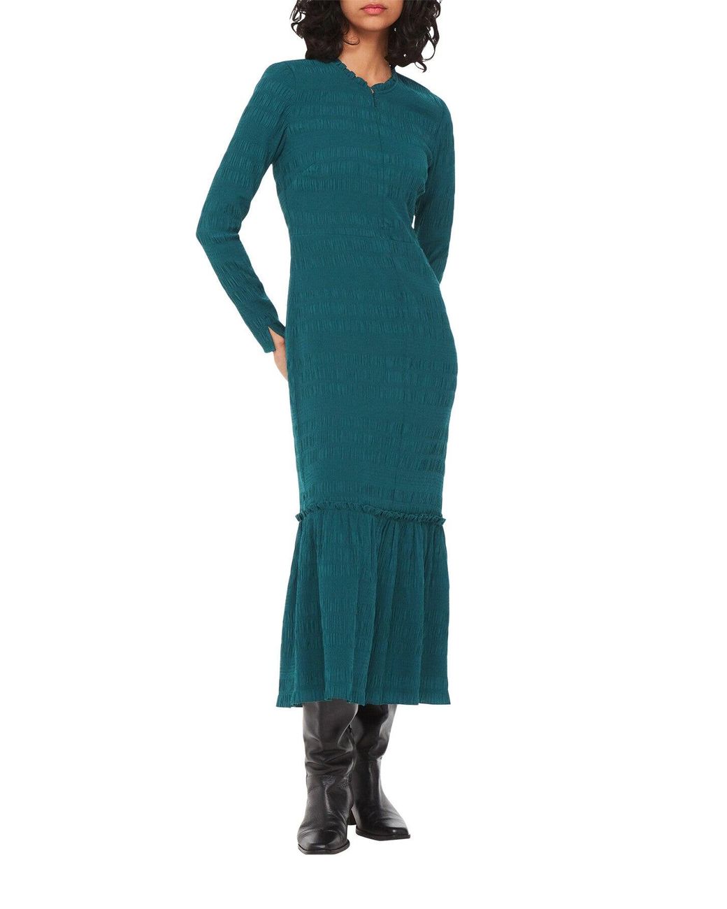 Whistles Green Mila Long-Sleeve Flared-Hem Stretch-Woven Midi Dress