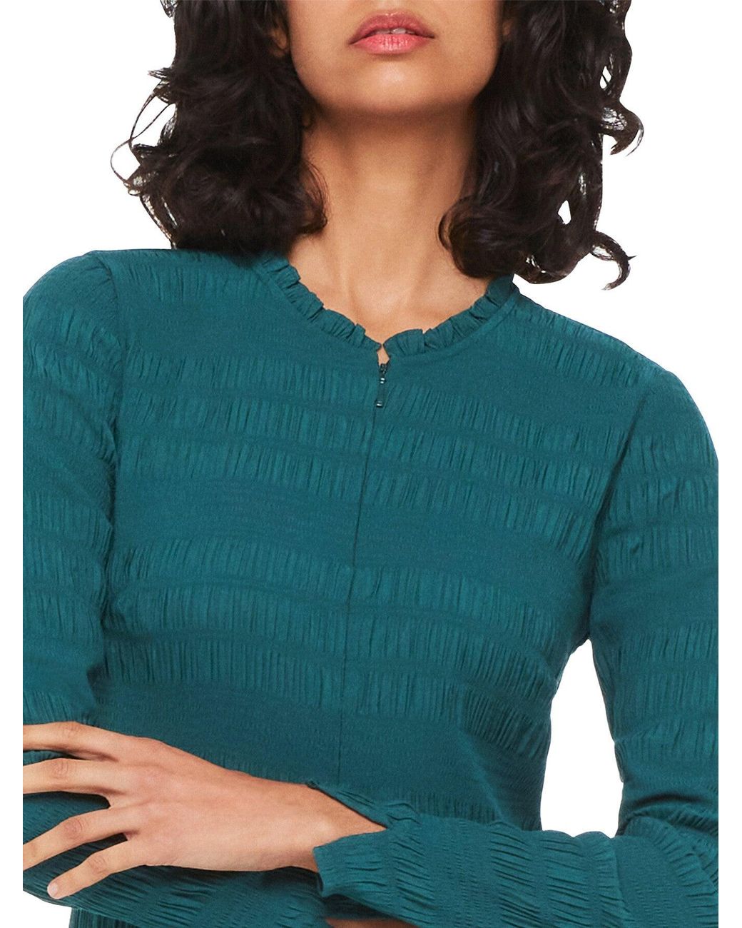 Whistles Green Mila Long-Sleeve Flared-Hem Stretch-Woven Midi Dress