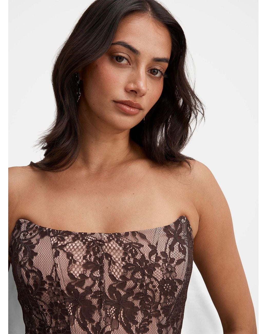 Forever New Brown Reese Strapless Lace Corset Mini Dress