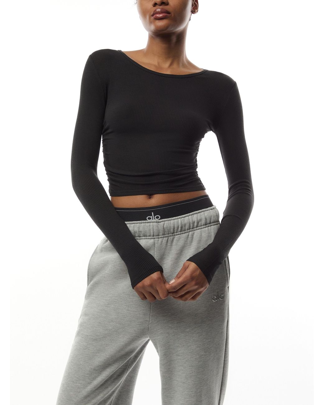 Alo Yoga Gather Long Sleeve Top in Black | Lyst UK