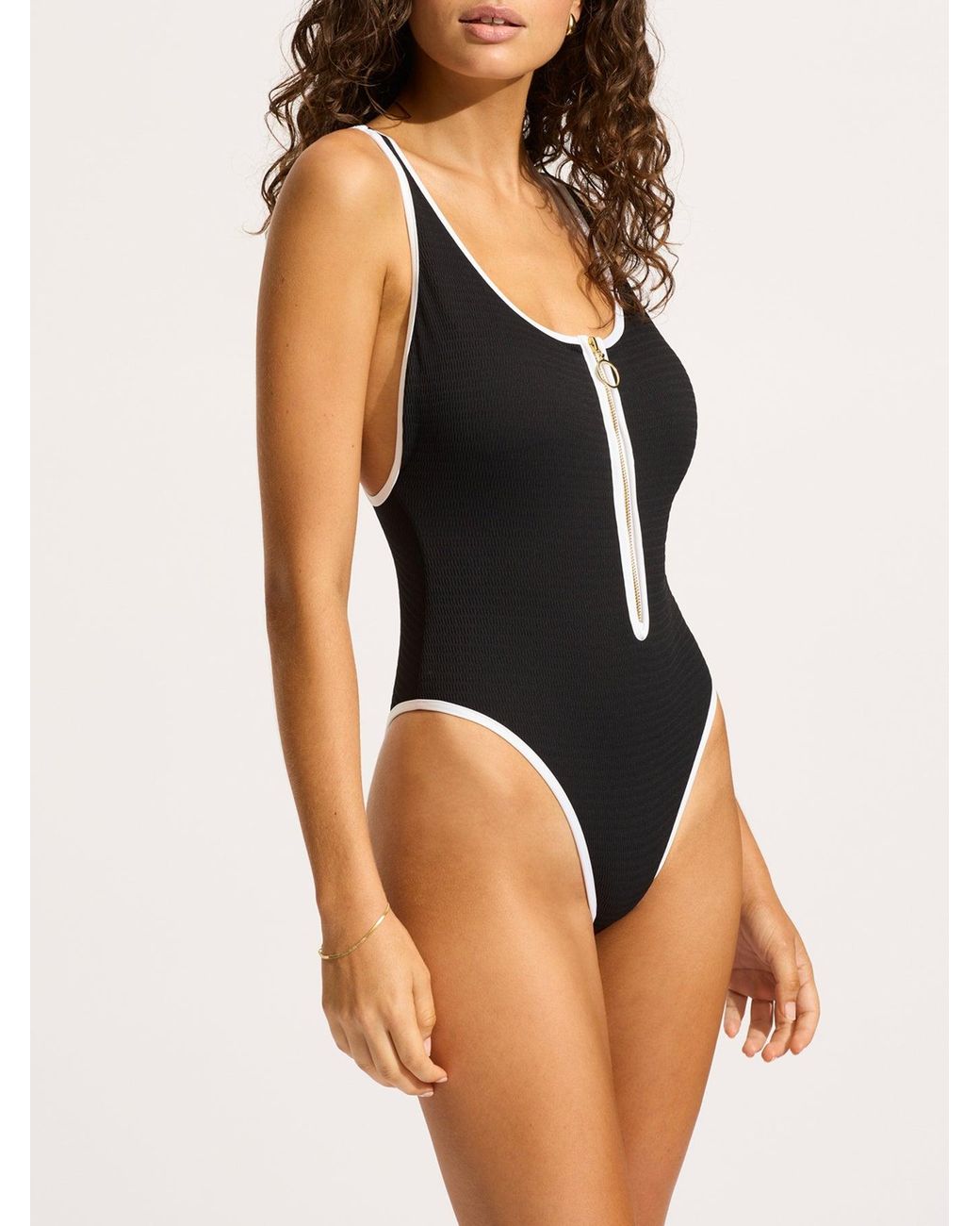 Seafolly Blue Beach Bound Zip Front Retro One Piece