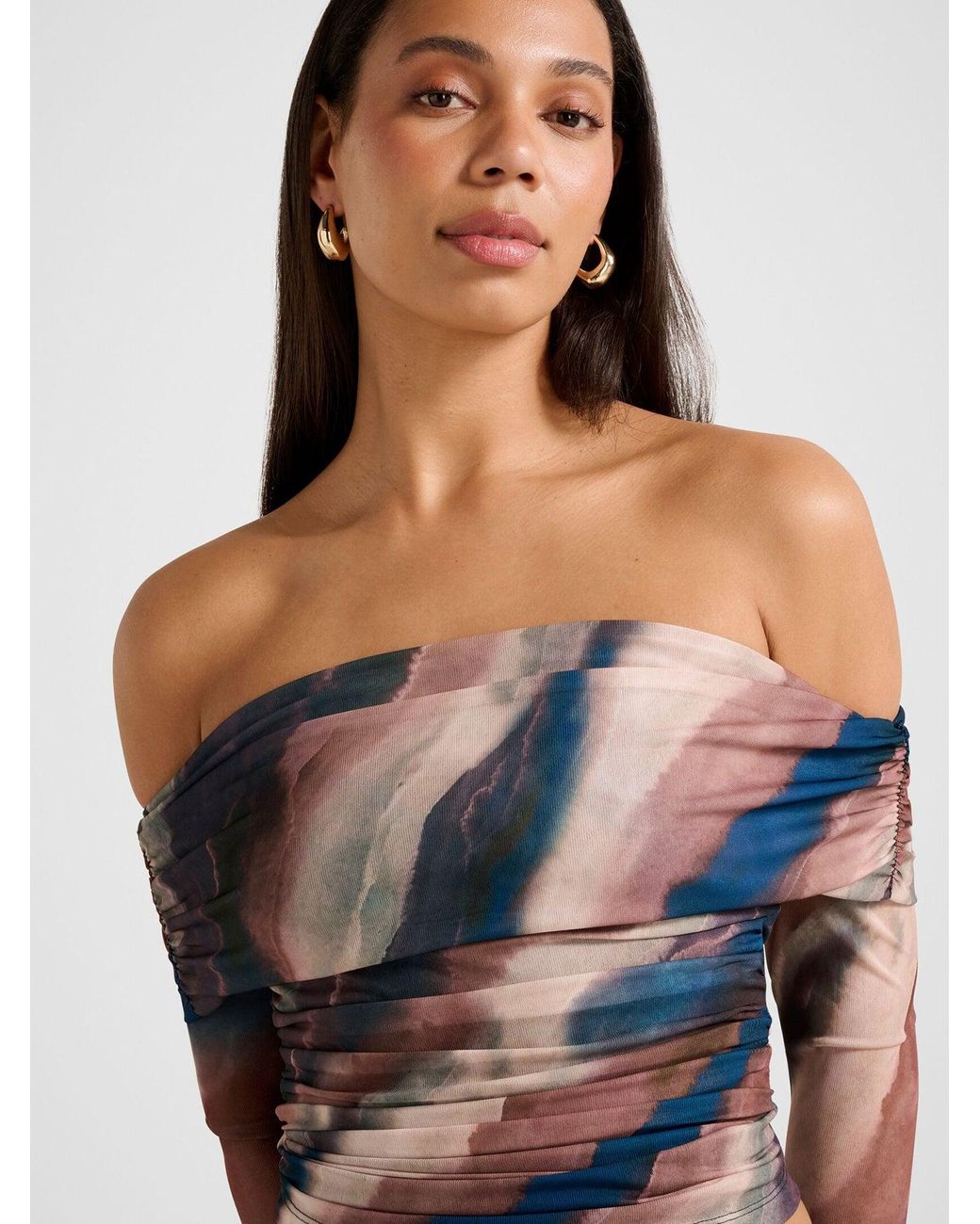 Forever New Blue Kaia Ruched Mesh Bardot Top