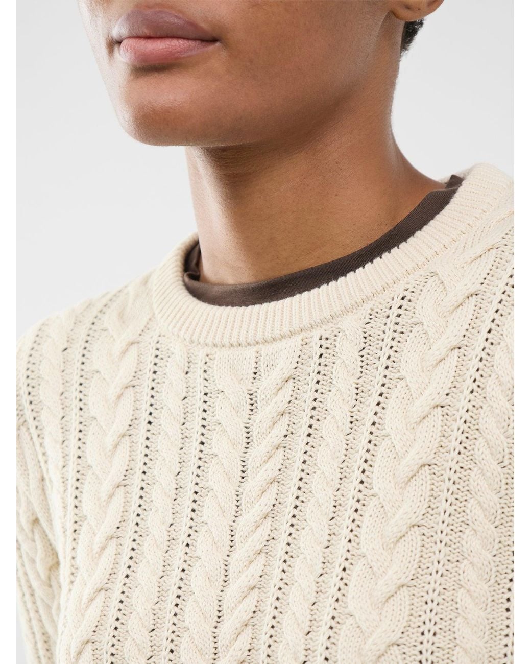 SELECTED White Organic Braun Cable Knit Crew Neck Jumper