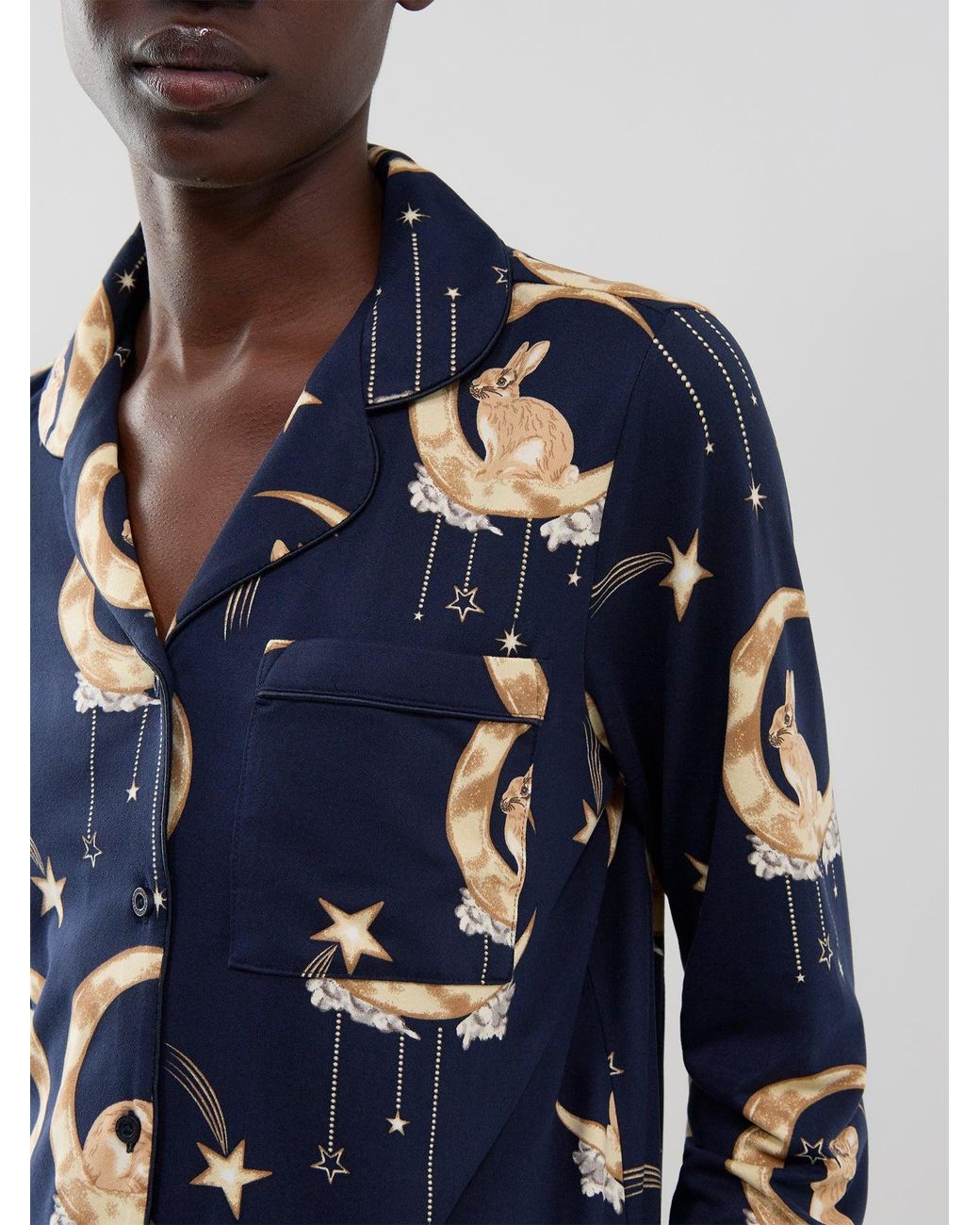 Chelsea Peers Blue Bunny On Moon Long Button-Up Pyjama Set