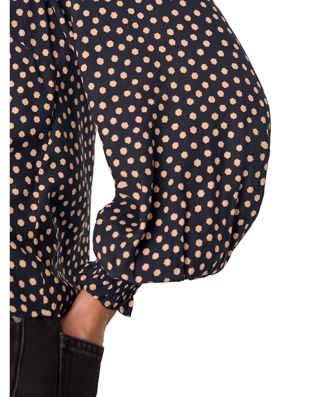 Whistles Black Spot Shirred Cuff Blouse, Wood/Metal