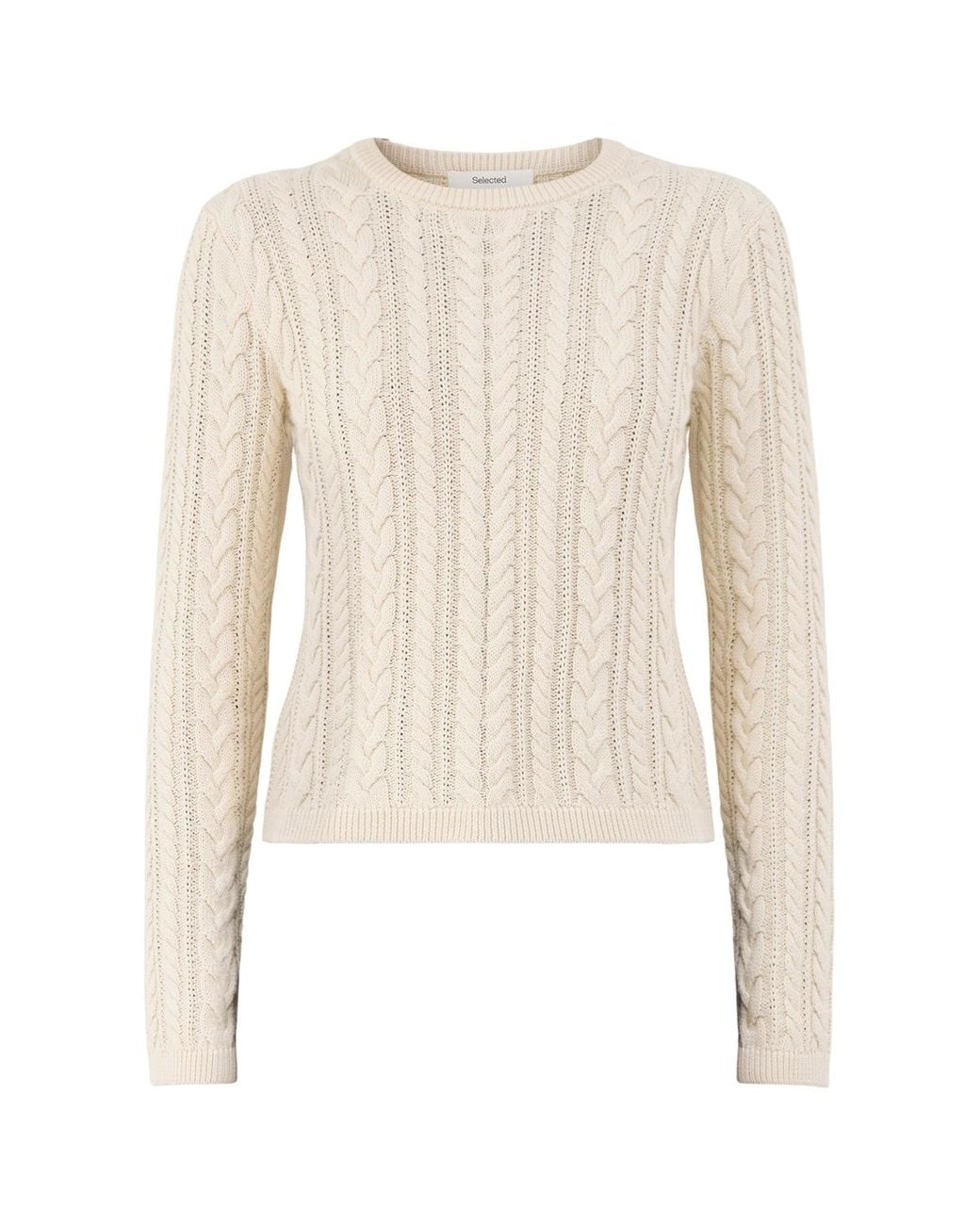 SELECTED White Organic Braun Cable Knit Crew Neck Jumper