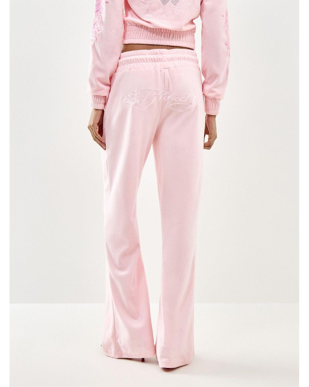 Ed Hardy Pink Love And Thorns Diamante Velour Joggers