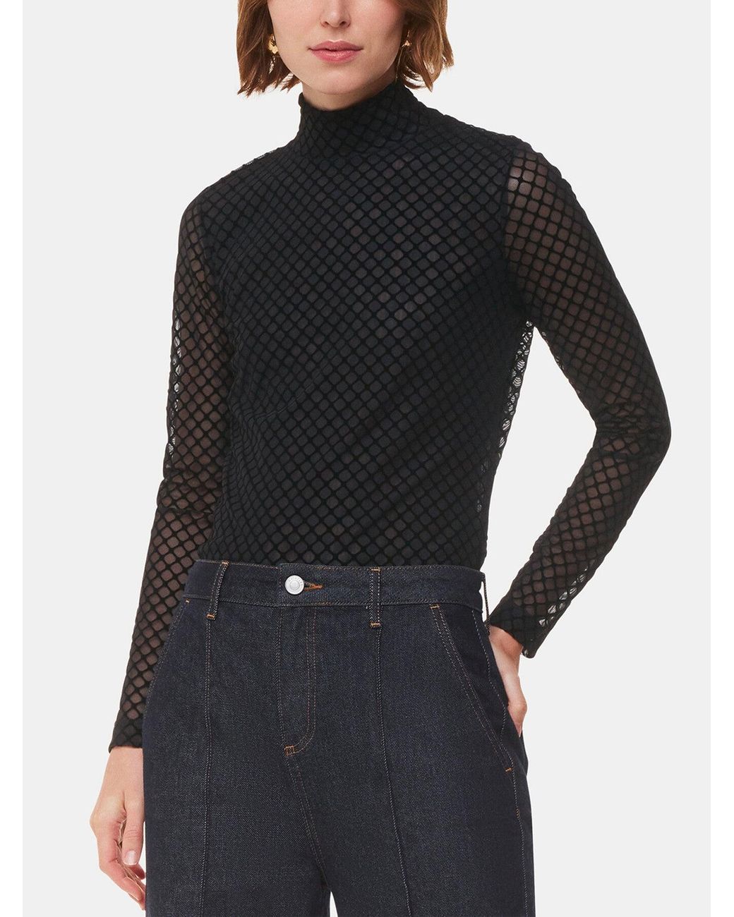 Whistles Black Women's Checked Flocked Mesh Top