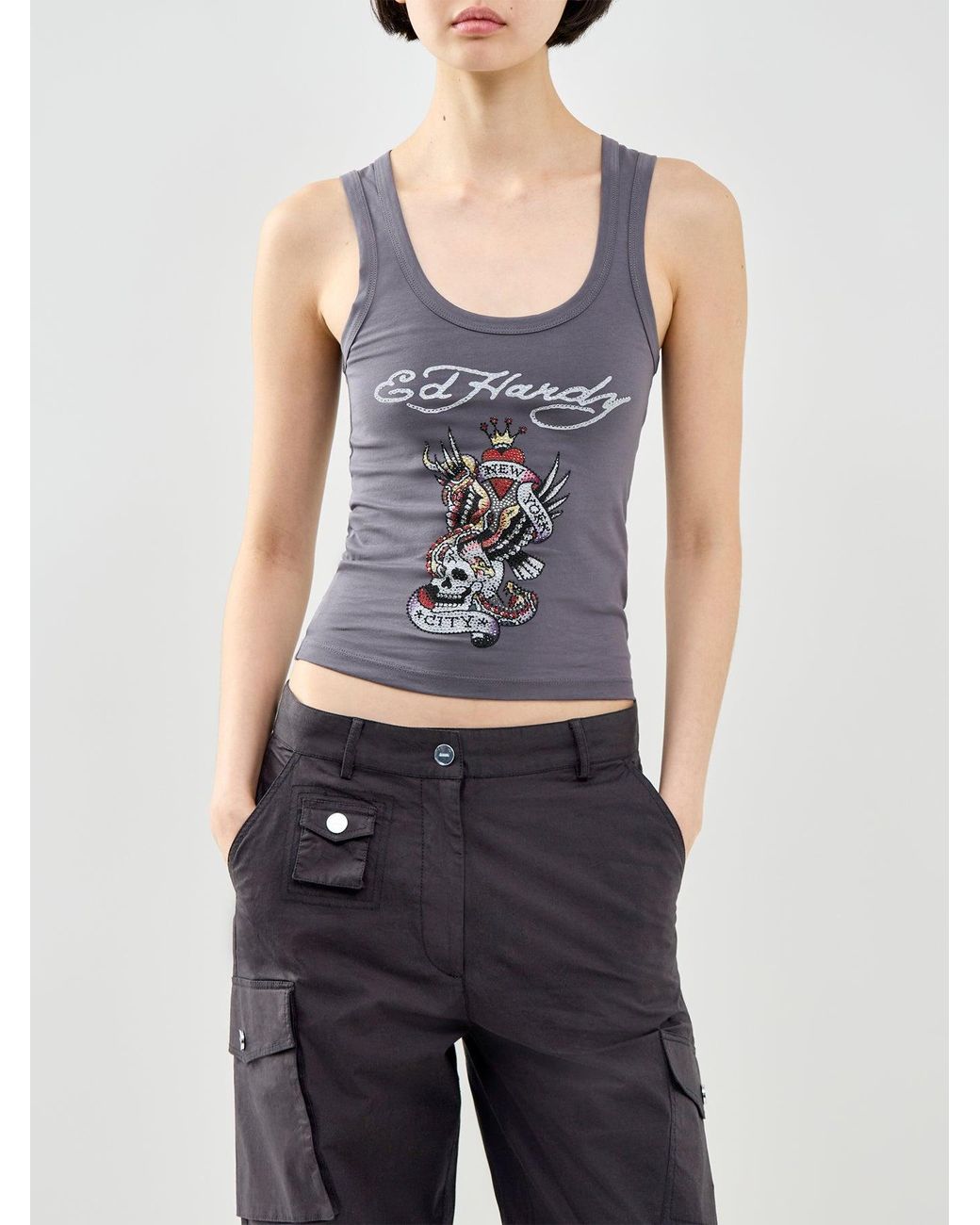 Ed Hardy Gray New York City Diamante Cropped Vest Top