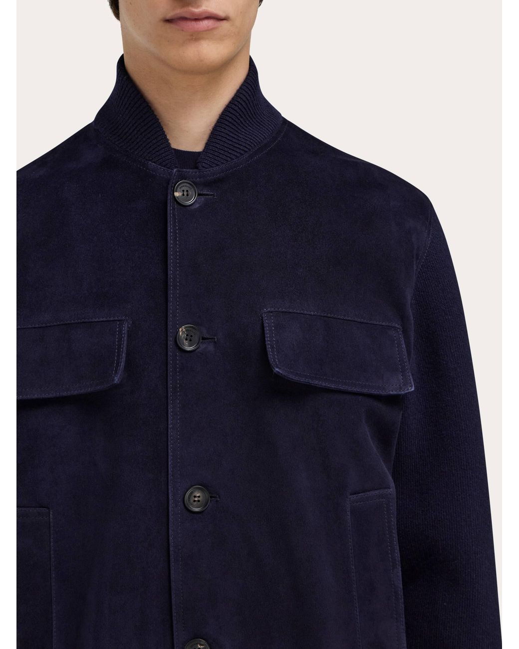 Ferragamo Blue Suede Bomber With Knitted Details for men