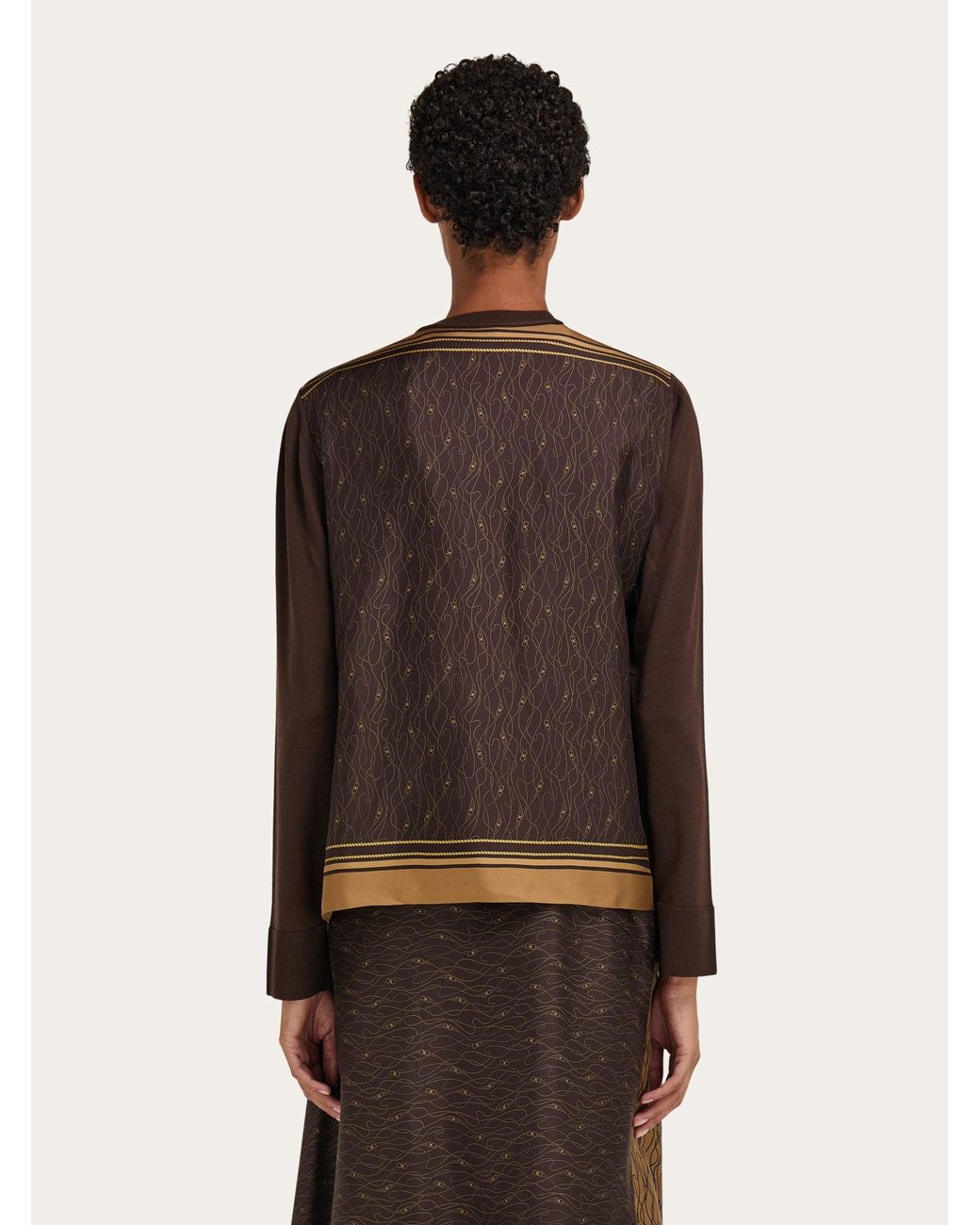 Ferragamo Brown Cardigan With Silk Panel Detail