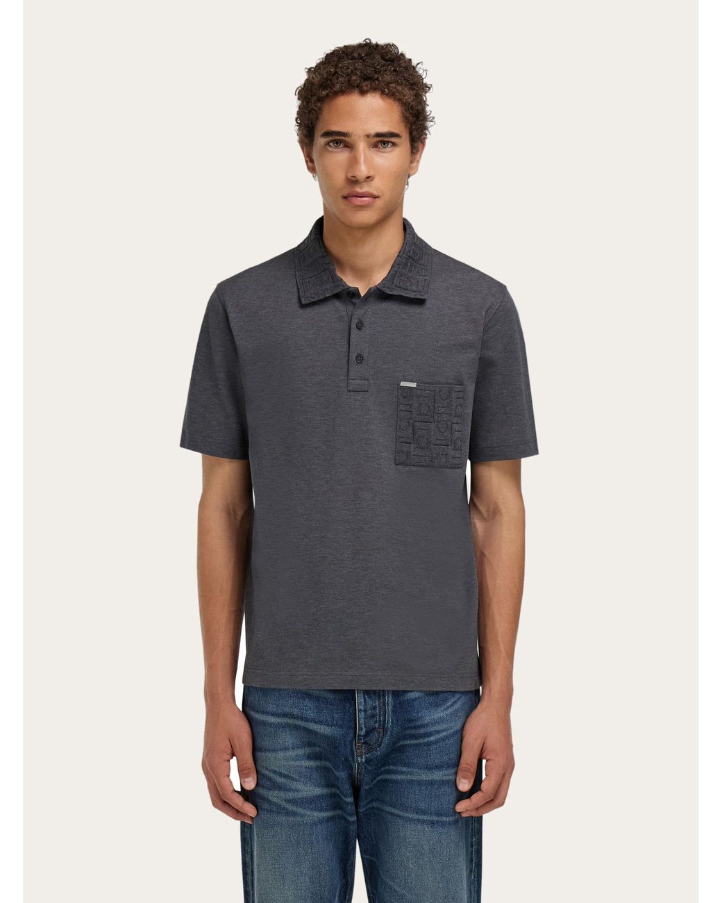 Ferragamo Blue V-Neck Polo With Jacquard Pocket Detail for men
