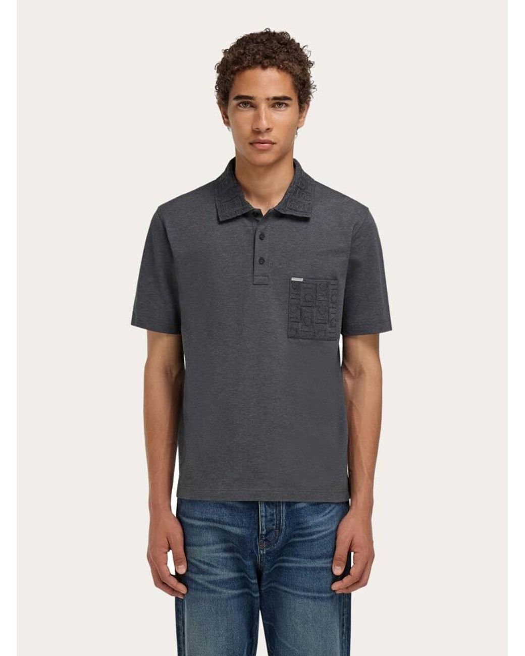 Ferragamo Blue V-Neck Polo With Jacquard Pocket Detail for men