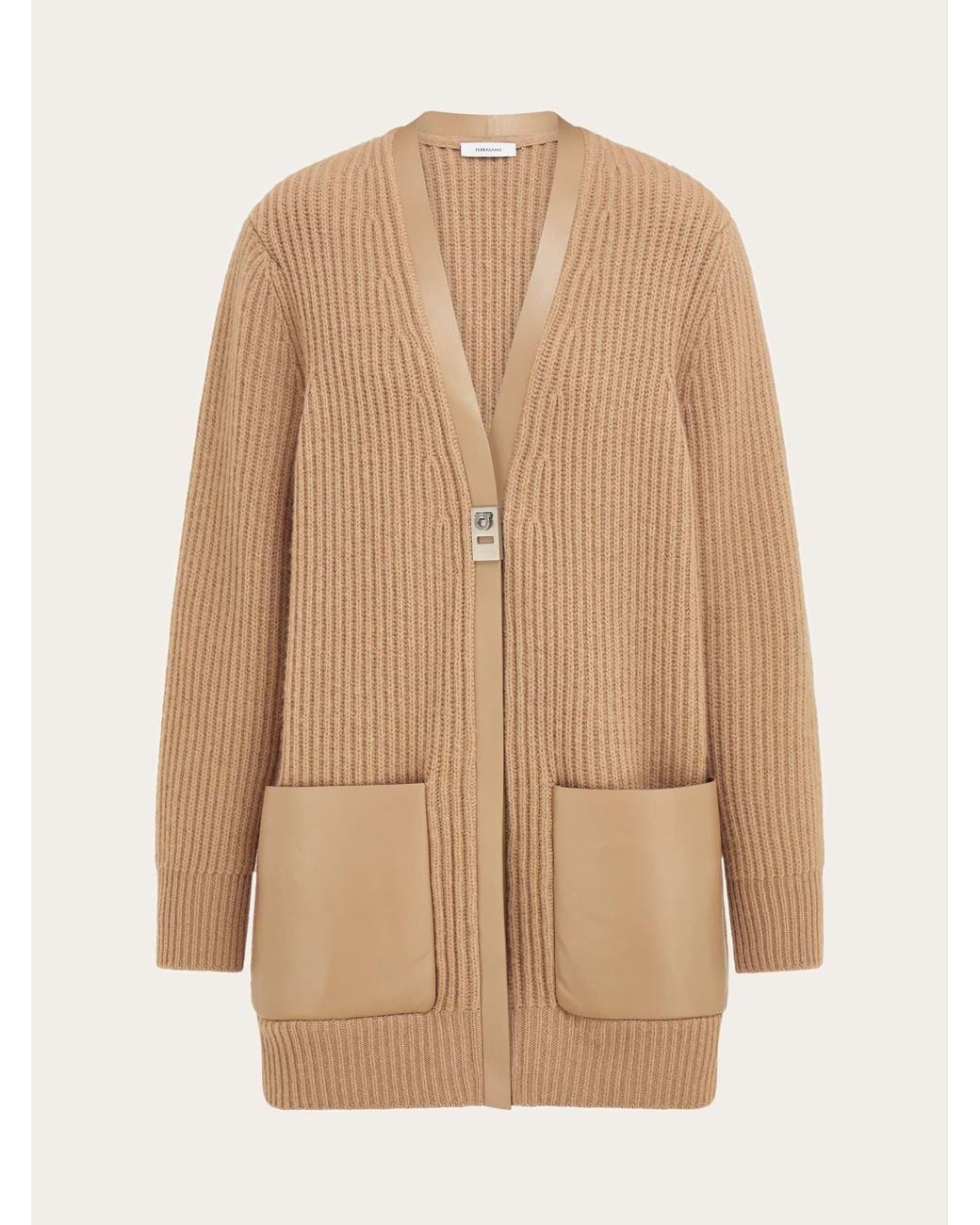 Ferragamo Natural Longline Cardigan With Leather Trims