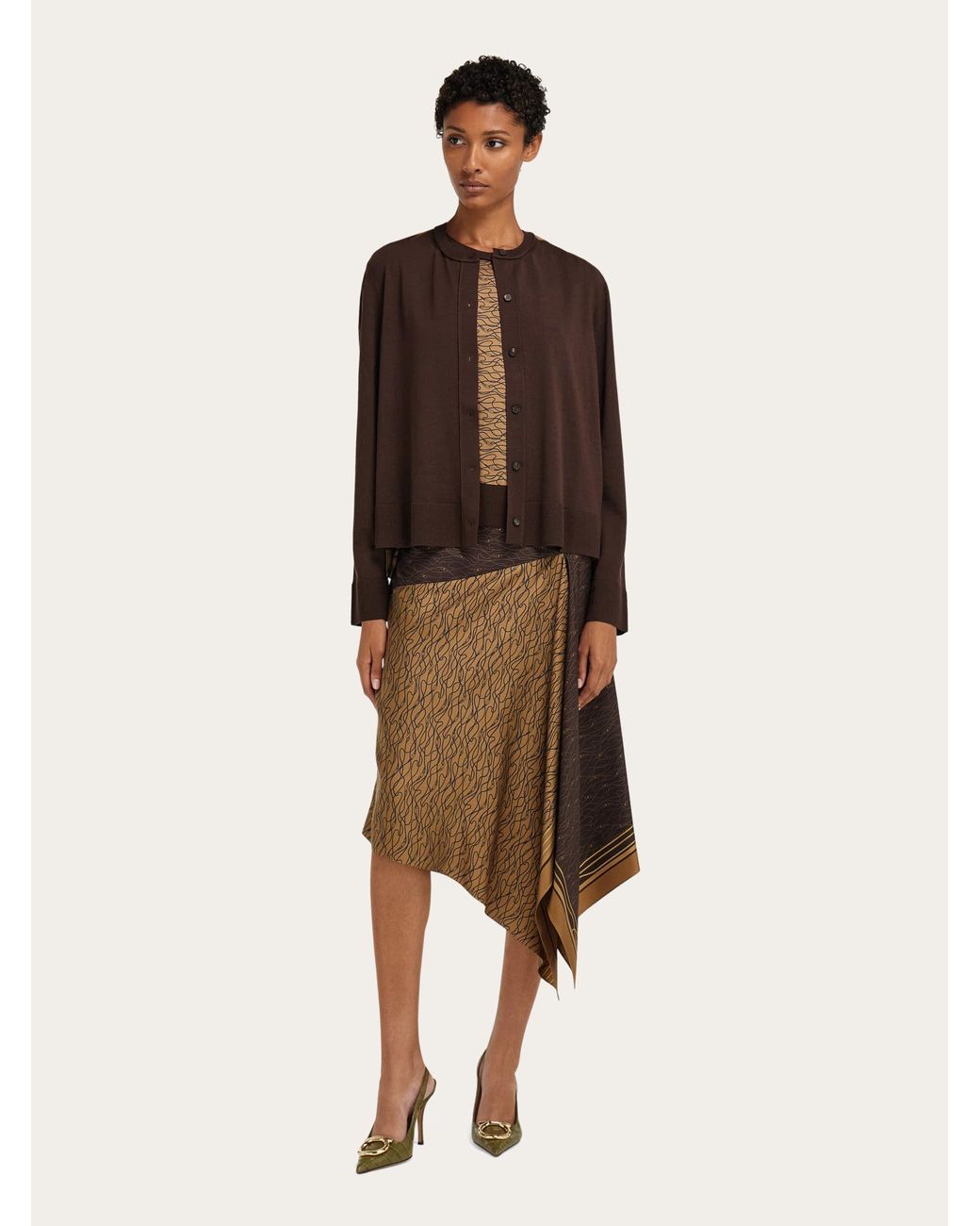 Ferragamo Brown Cardigan With Silk Panel Detail