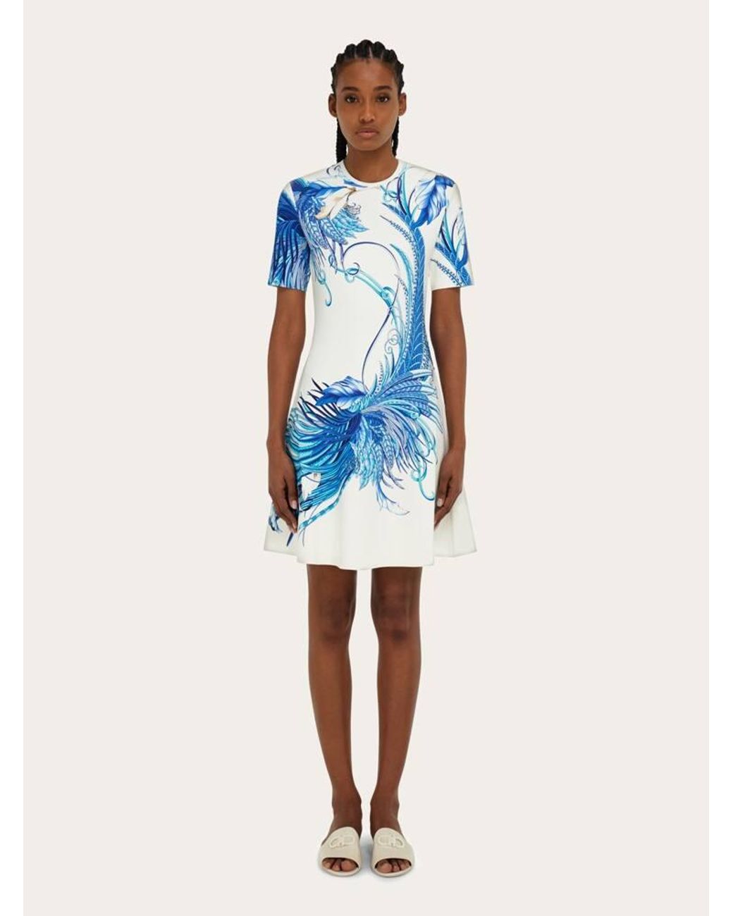 Ferragamo Blue Feather Show Print Dress