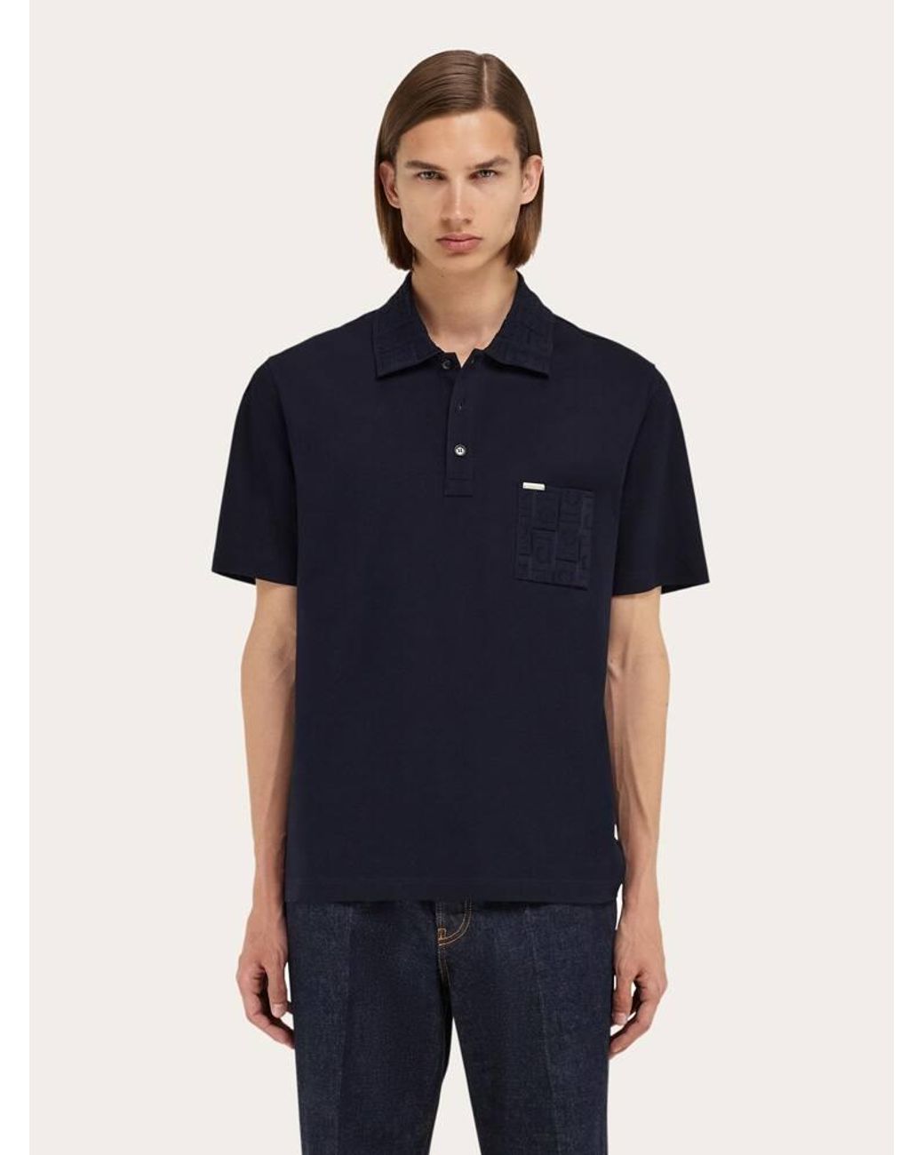 Ferragamo Blue V-Neck Polo With Jacquard Pocket Detail for men
