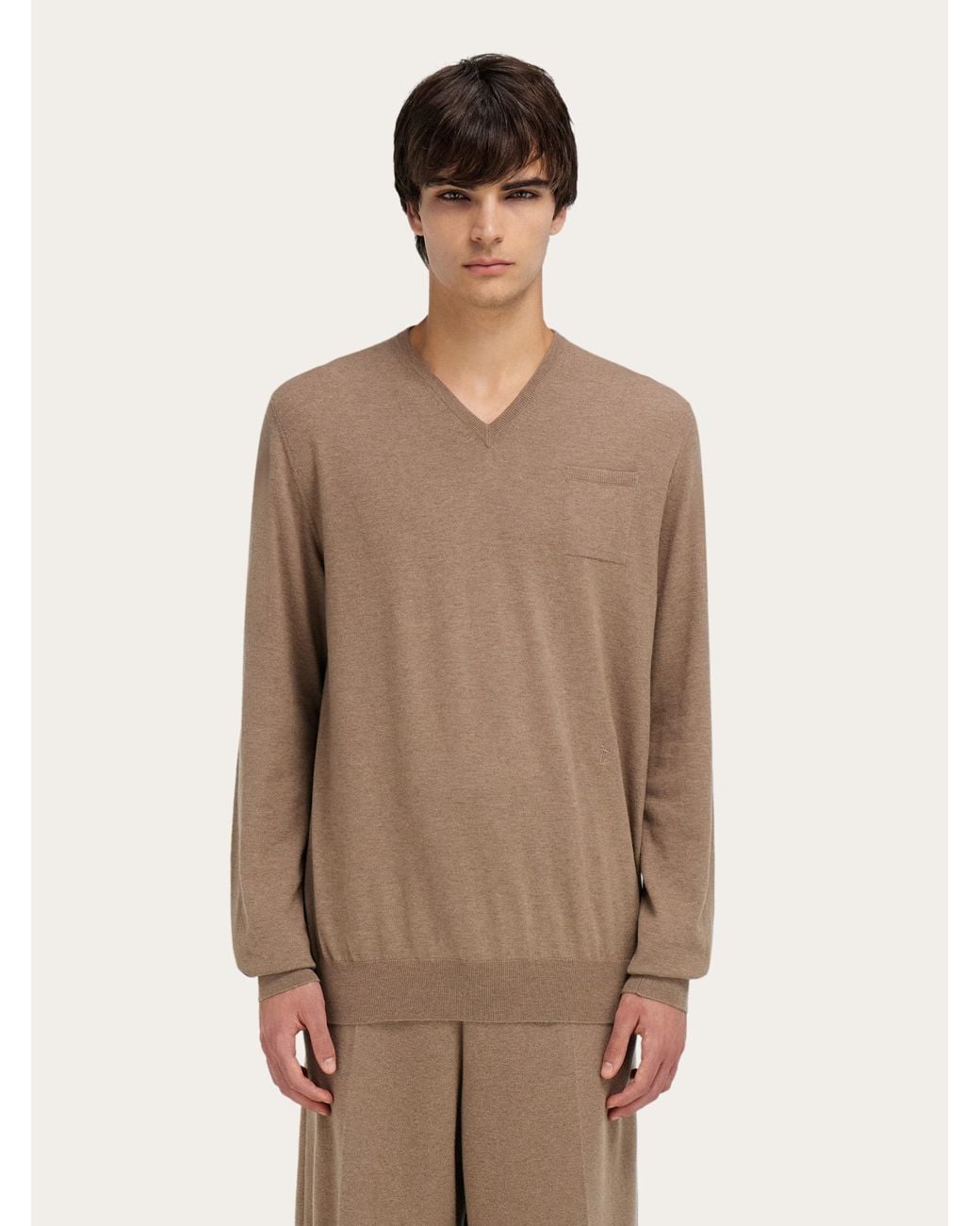 Ferragamo Natural V-Neck Sweater With Pocket Detail for men
