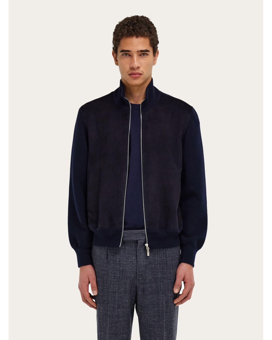 Ferragamo Blue Suede Blouson With Knitted Details for men