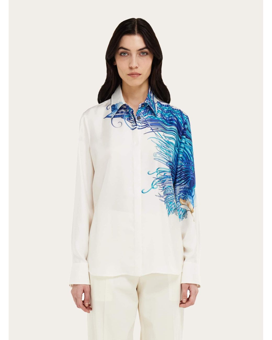 Ferragamo Blue Feather Show Print Silk Shirt