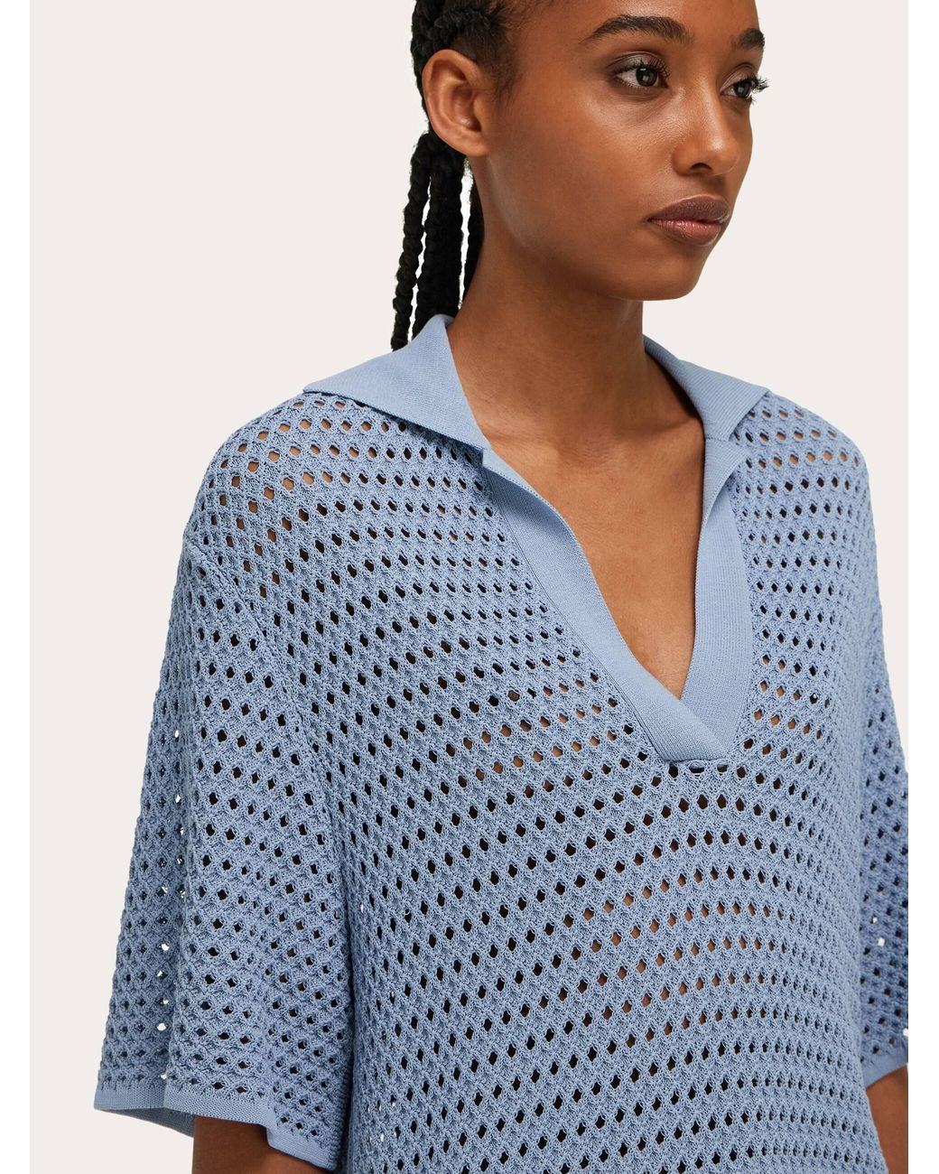 Ferragamo Blue Open Knit Polo Shirt