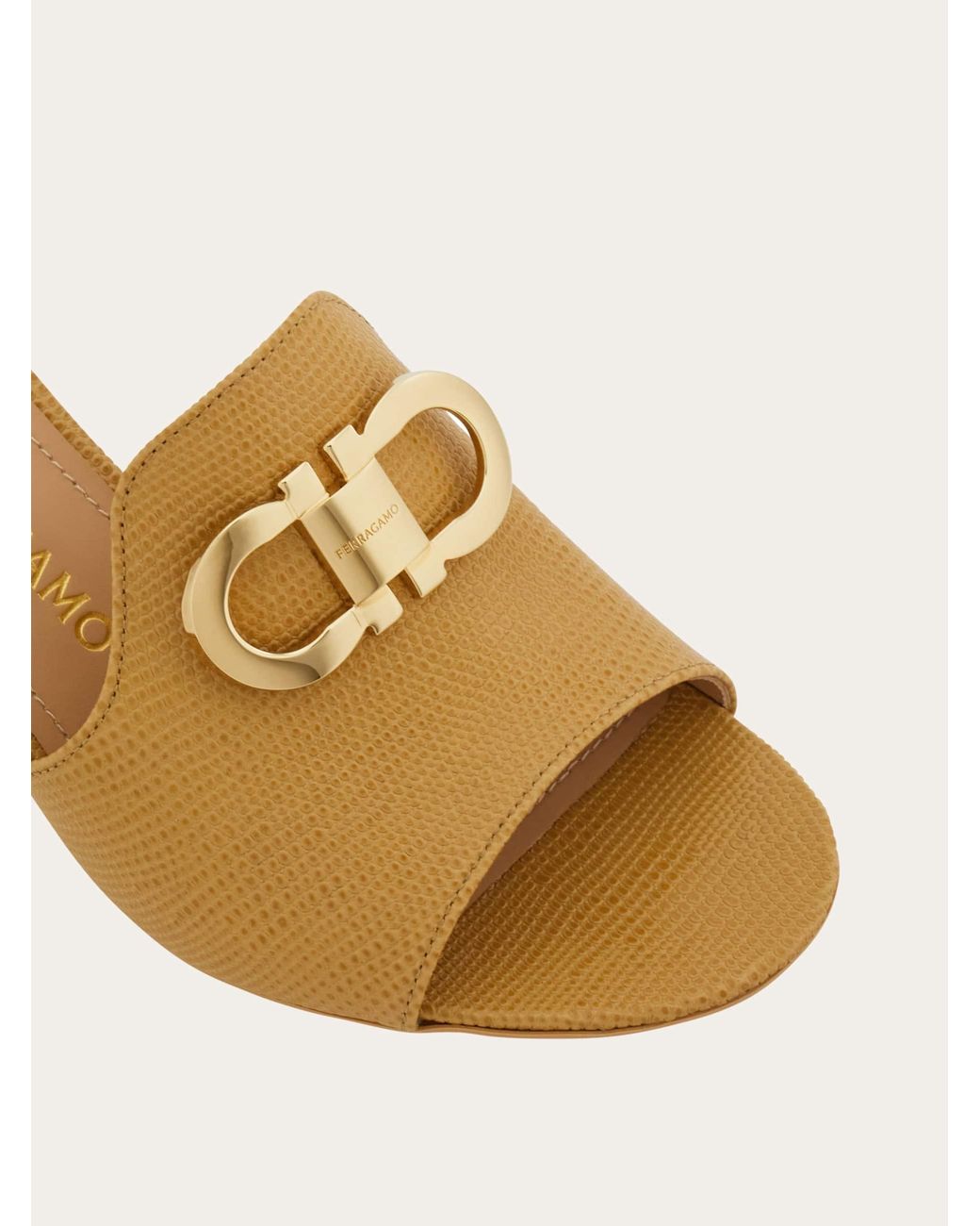 Ferragamo Natural Mid Heel Slide With Gancini Buckle