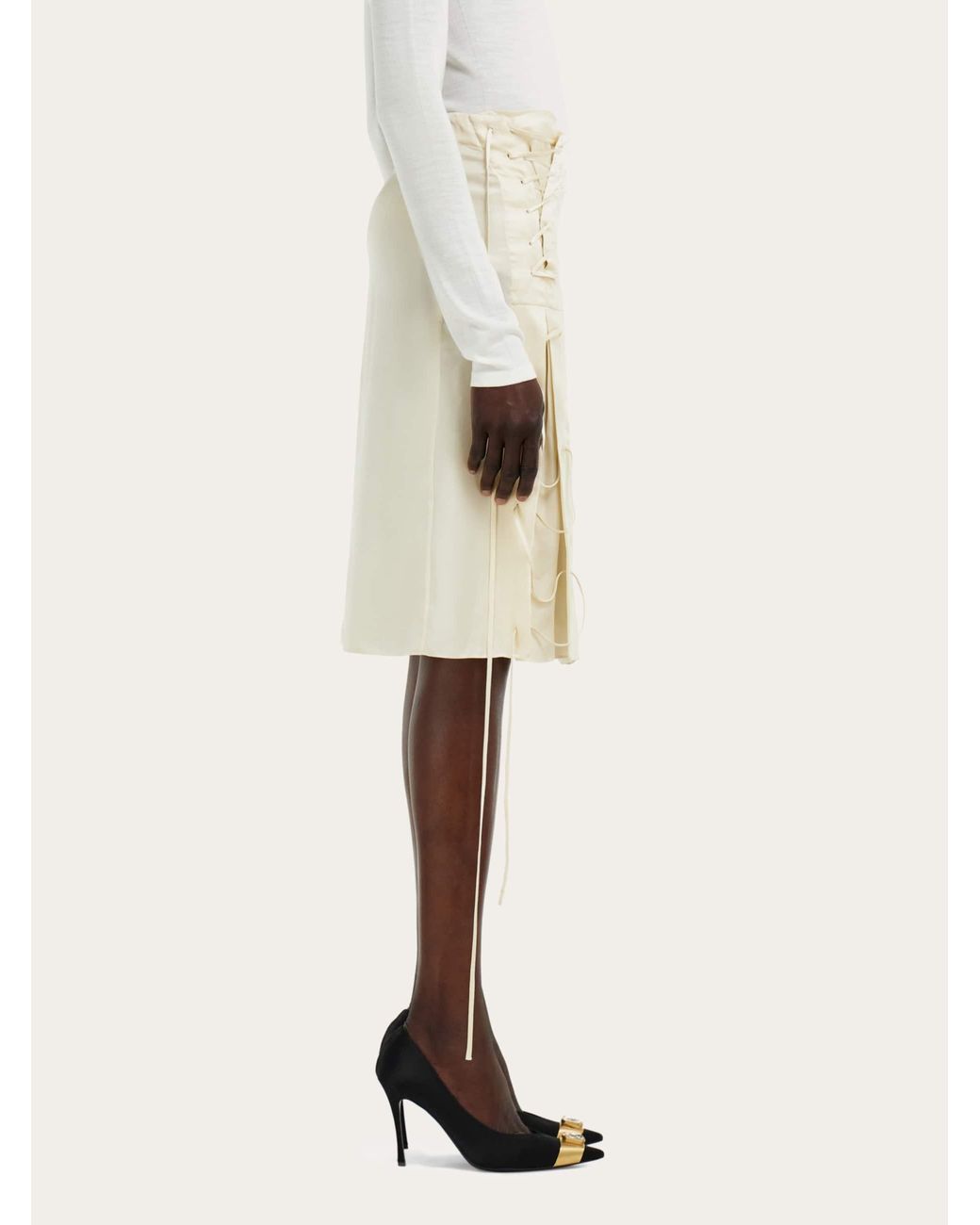 Ferragamo Natural Satin Skirt With String Tie Detail