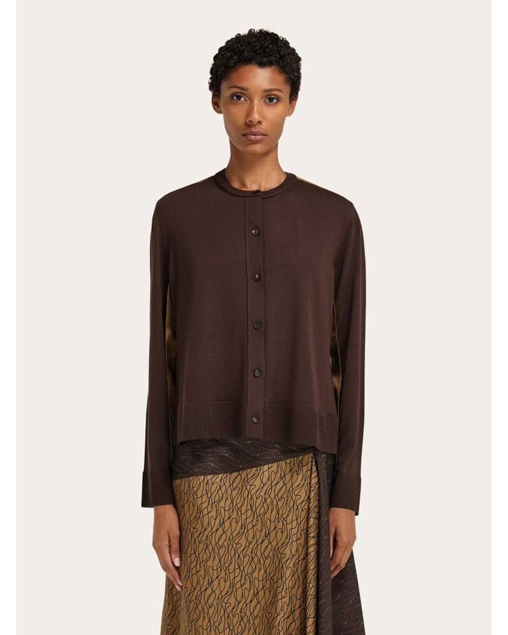 Ferragamo Brown Cardigan With Silk Panel Detail