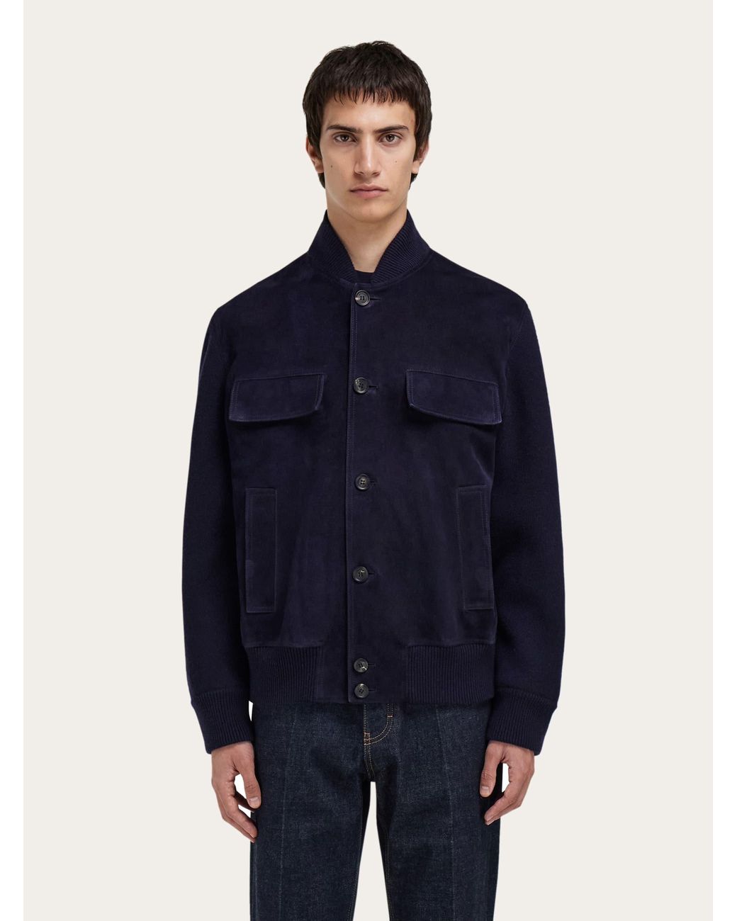 Ferragamo Blue Suede Bomber With Knitted Details for men