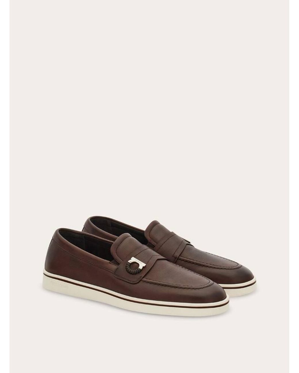 Ferragamo Brown Boat Shoe Loafer With Gancini Ornament for men