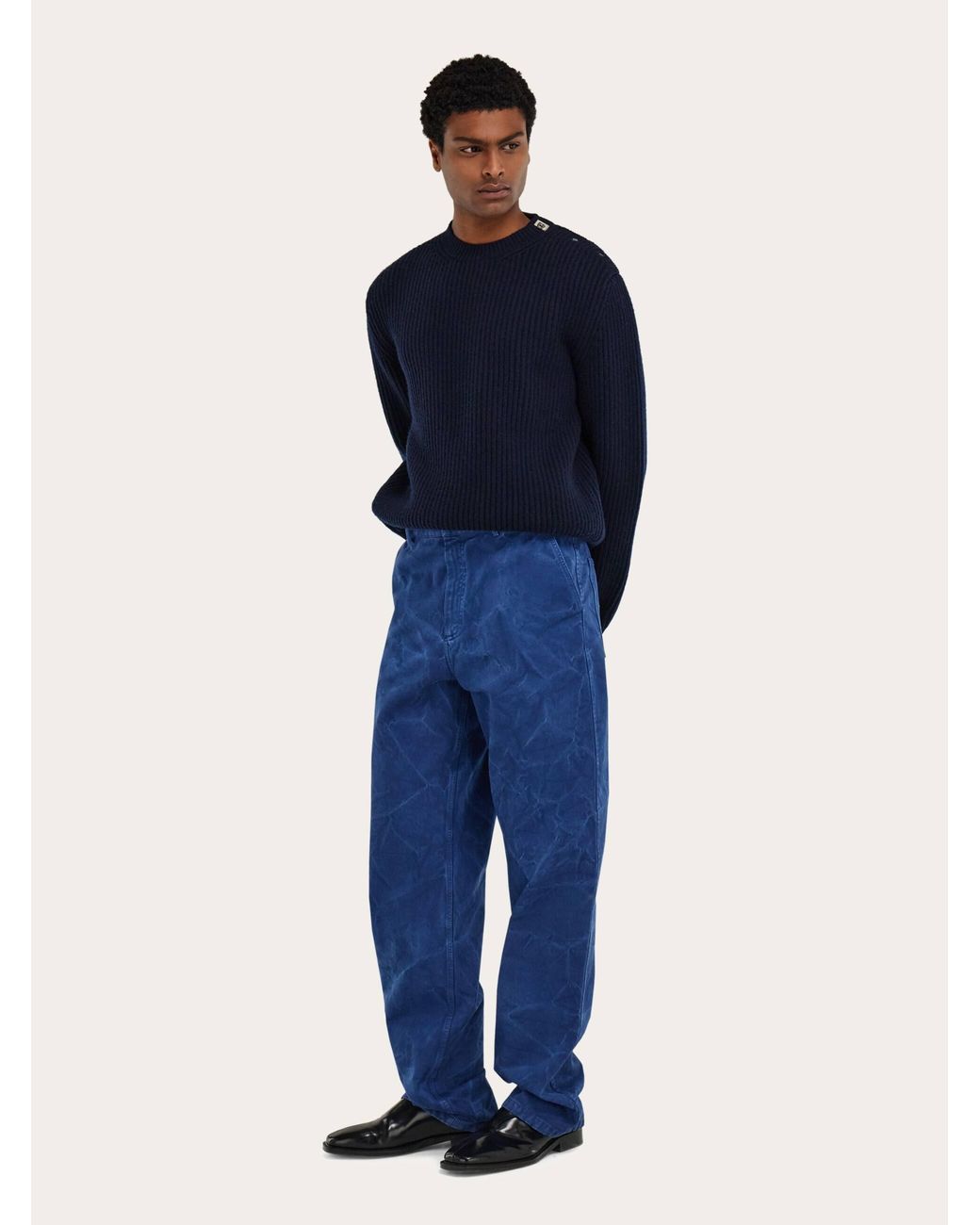 Ferragamo Blue Rib Knit Crew Neck Sweater With Hug Buckle Detail for men