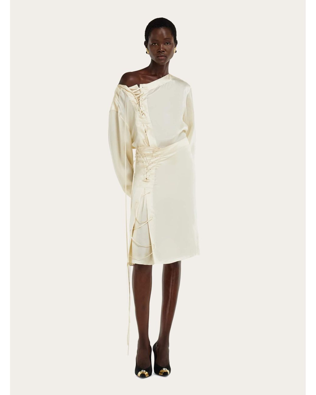 Ferragamo Natural Satin Skirt With String Tie Detail