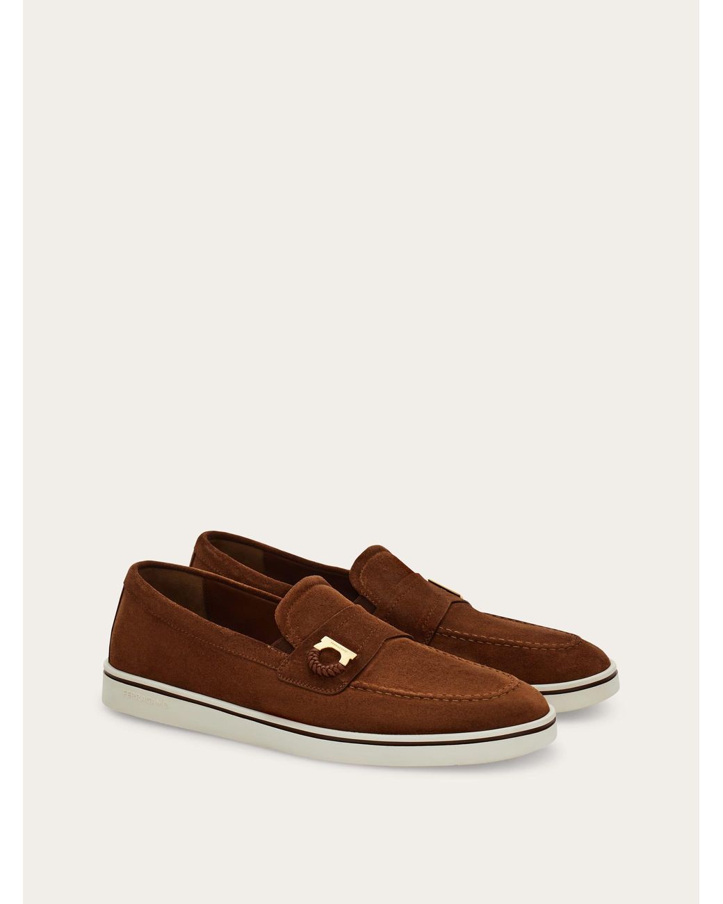 Ferragamo Brown Boat Shoe Loafer With Gancini Ornament for men