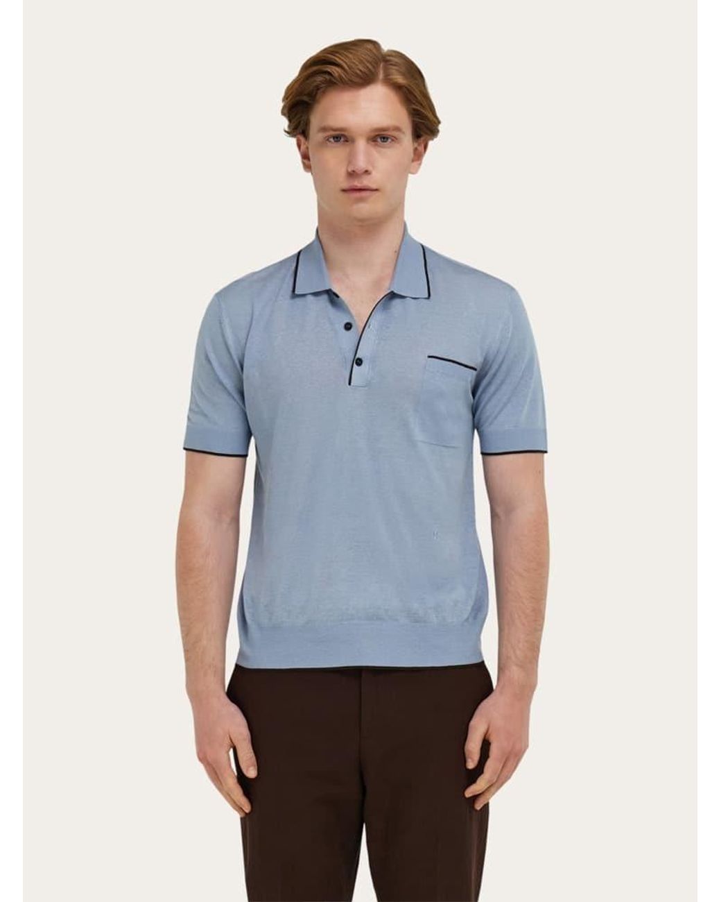 Ferragamo Blue Knitted Polo With Contrasting Trims for men