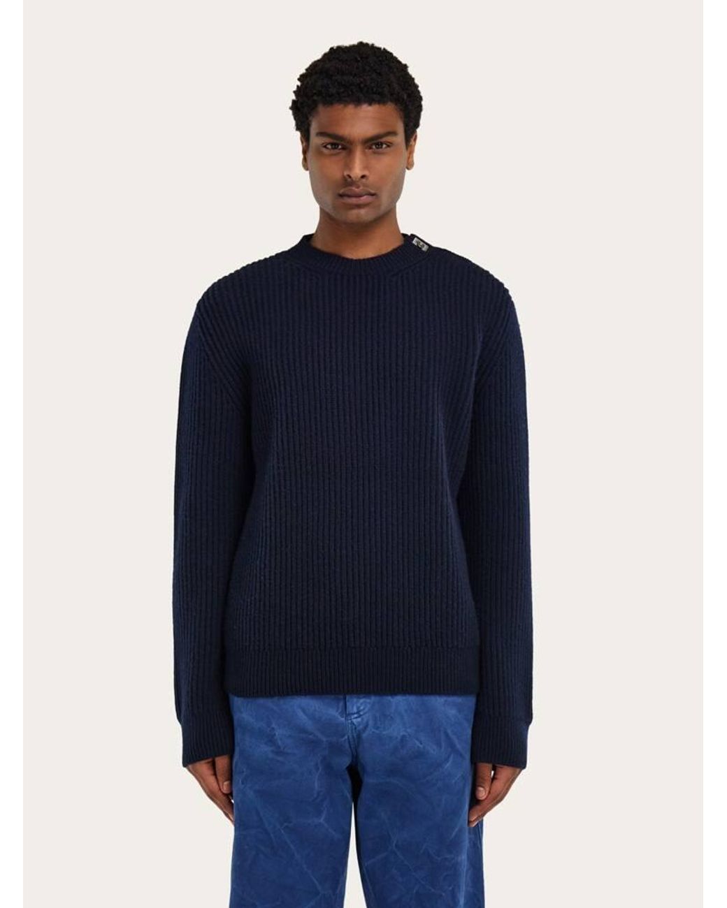 Ferragamo Blue Rib Knit Crew Neck Sweater With Hug Buckle Detail for men