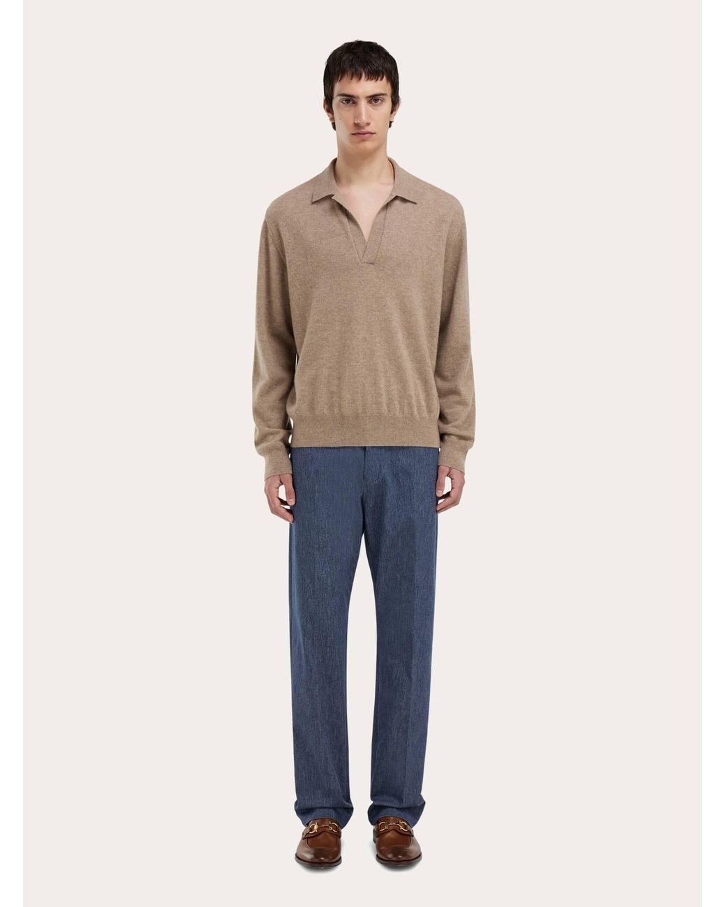 Ferragamo Natural Cashmere Sweater With Polo Collar for men