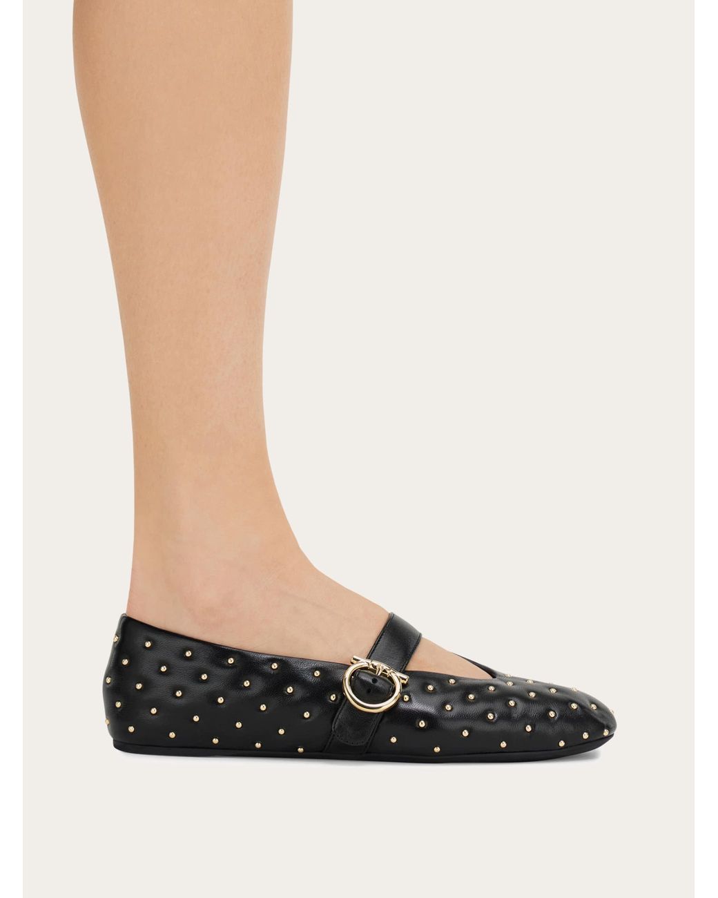 Ferragamo White Studded Gancini Buckle Ballet Flat .5