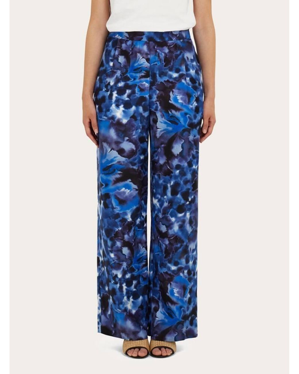 Ferragamo Blue Carnation Print Silk Trouser