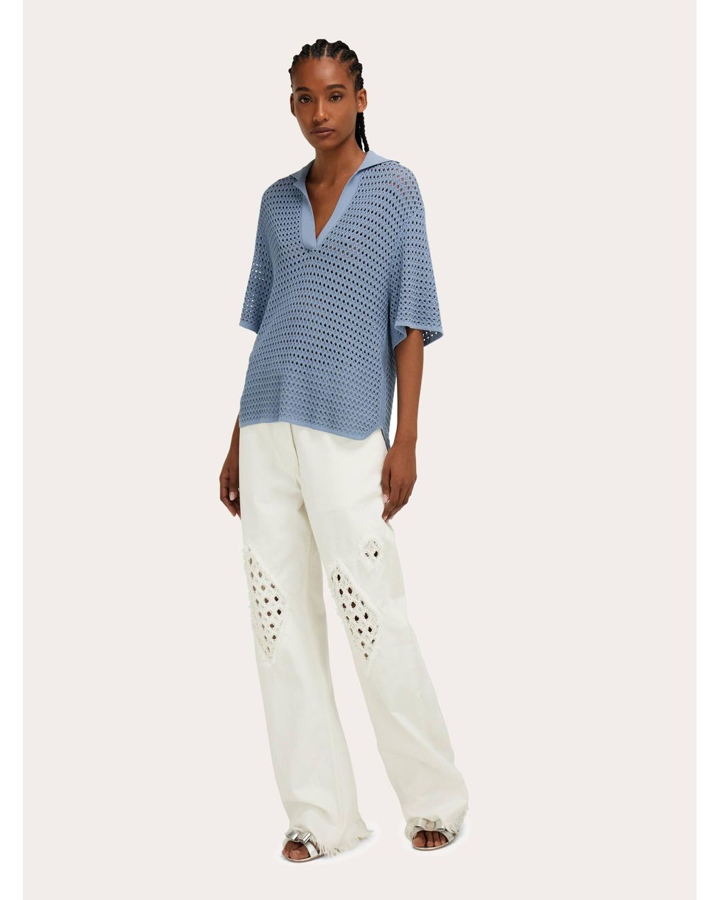 Ferragamo Blue Open Knit Polo Shirt