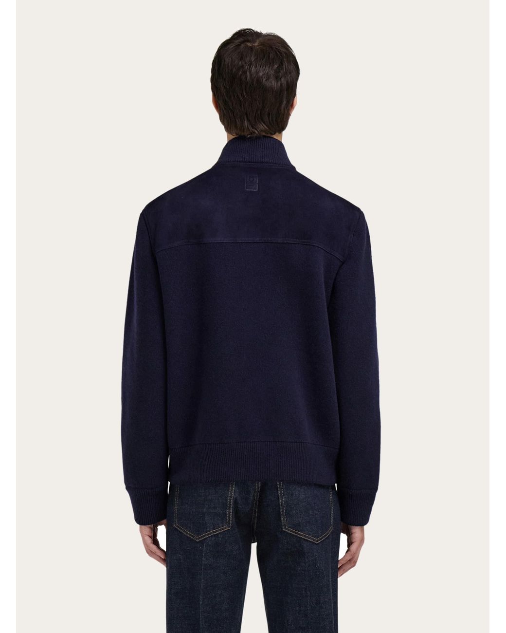 Ferragamo Blue Suede Bomber With Knitted Details for men