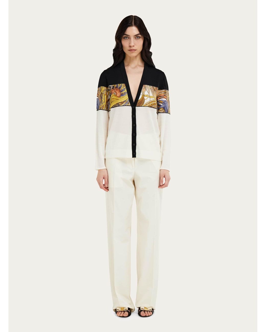 Ferragamo Black V-Neck Cardigan With Rooster Print Inserts