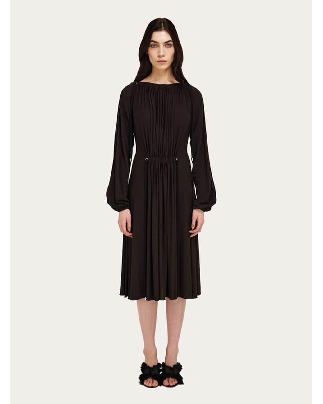 Ferragamo Black Viscose Dress With Gathered Detailing