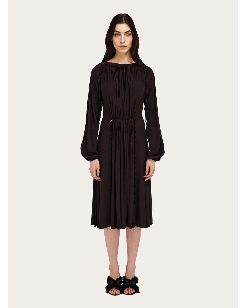 Ferragamo Black Viscose Dress With Gathered Detailing