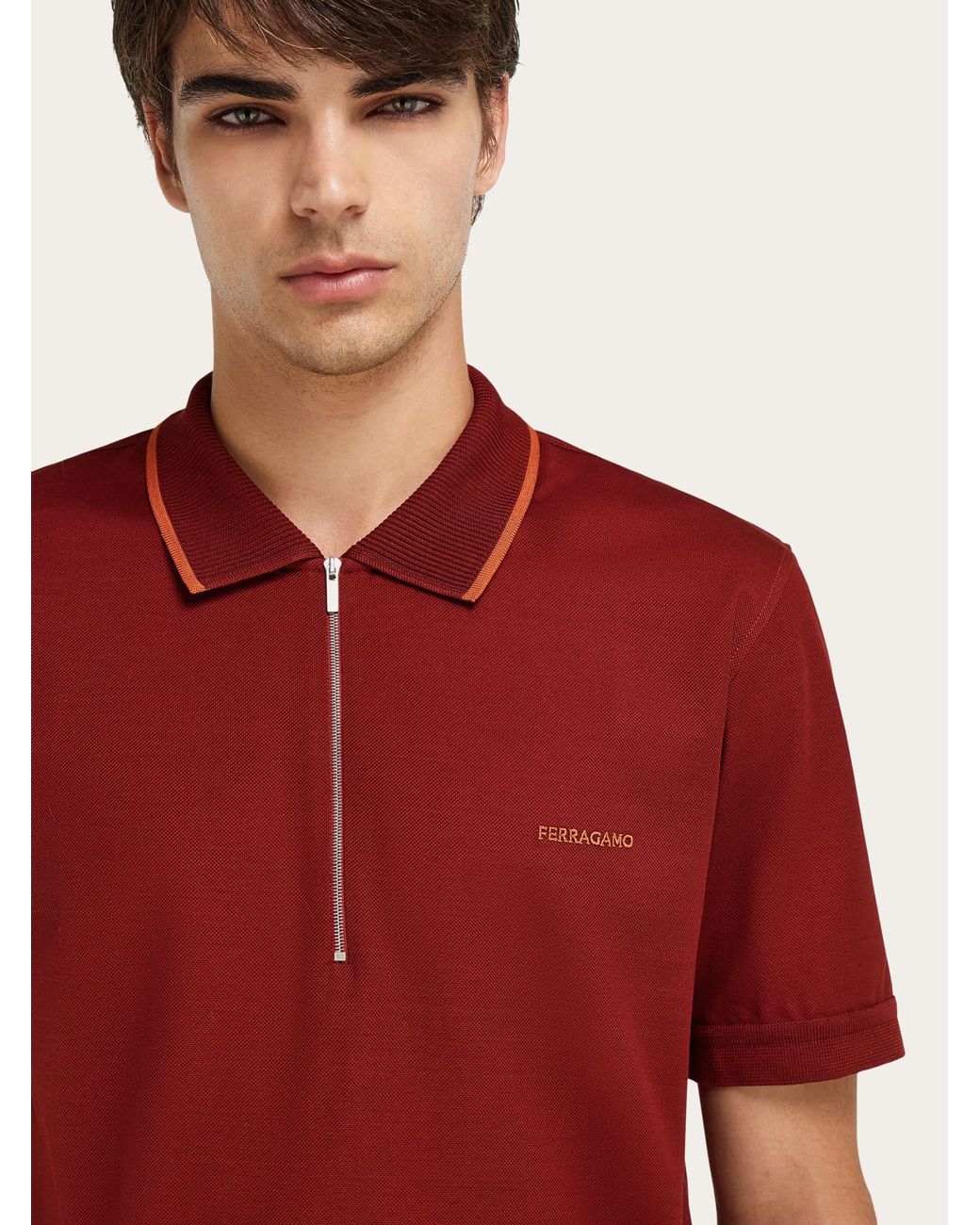Ferragamo Red Cotton Polo Shirt With Zip Closure for men