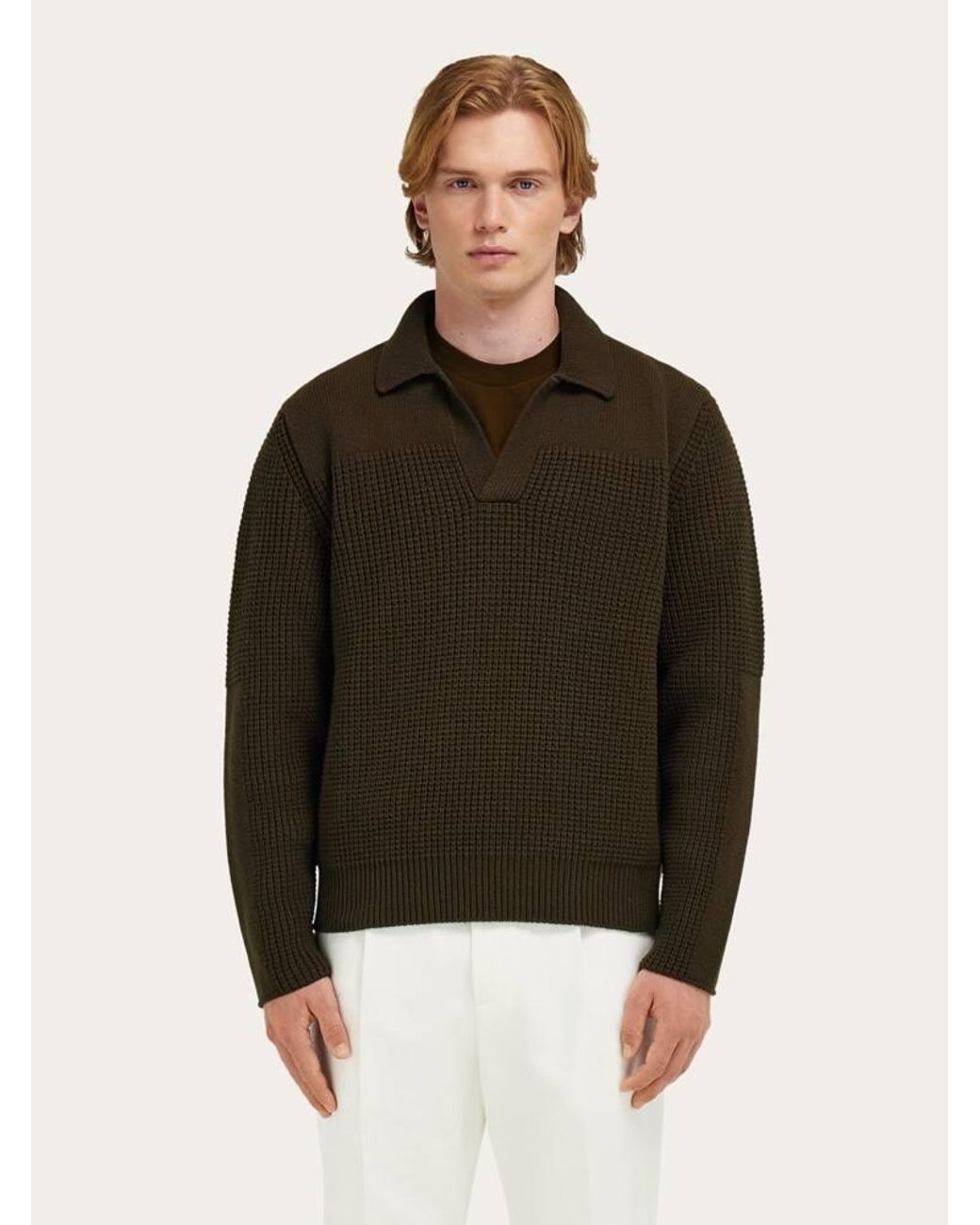 Ferragamo Green Knitted Sweater With Polo Collar for men
