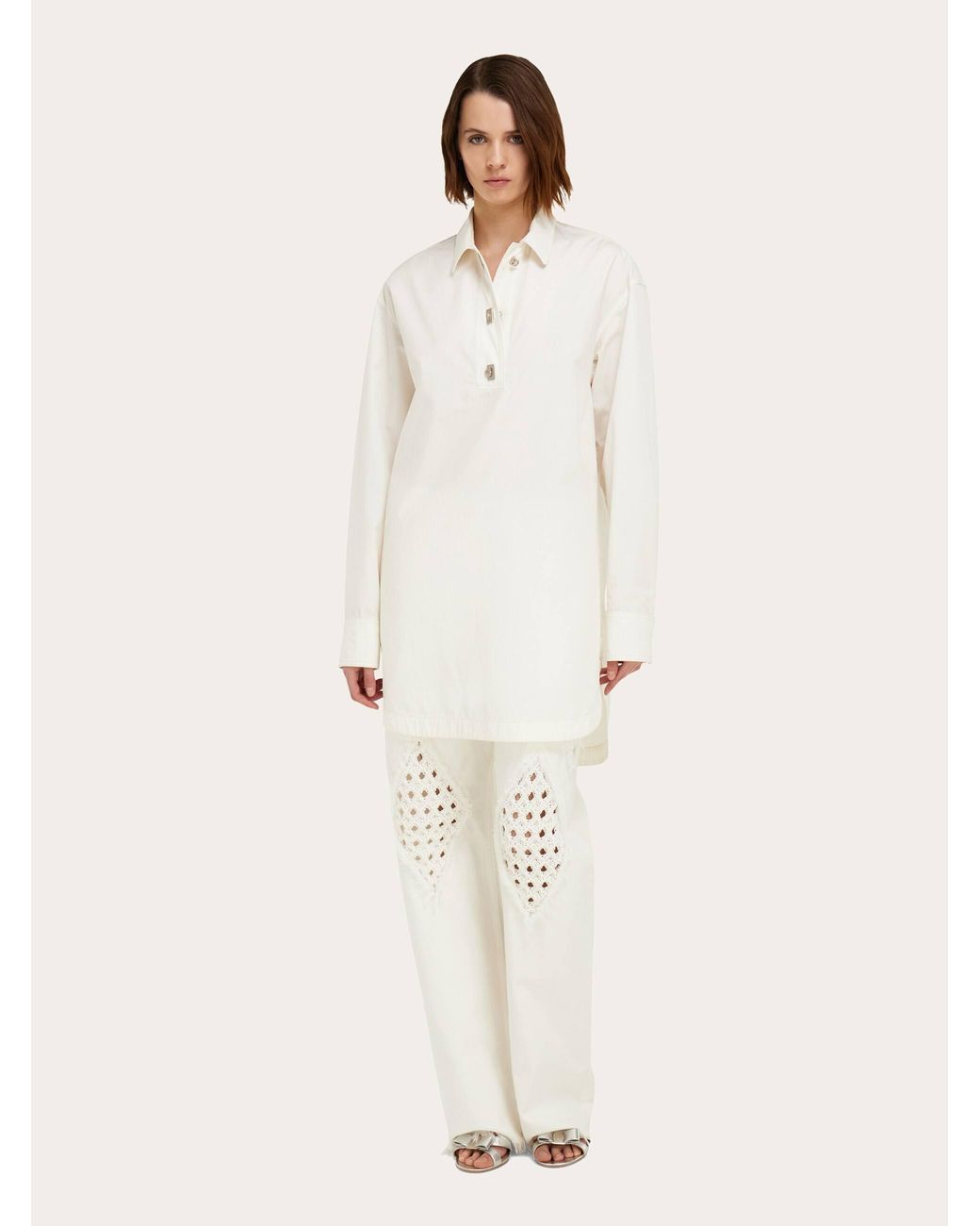 Ferragamo Natural Cotton And Silk Shirt Dress