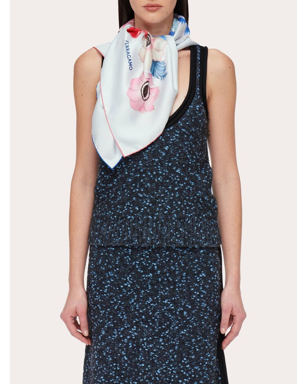 Ferragamo Blue Anemone Print Silk Scarf