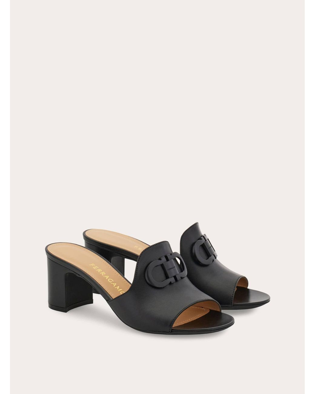 Ferragamo Natural Mid Heel Slide With Gancini Buckle