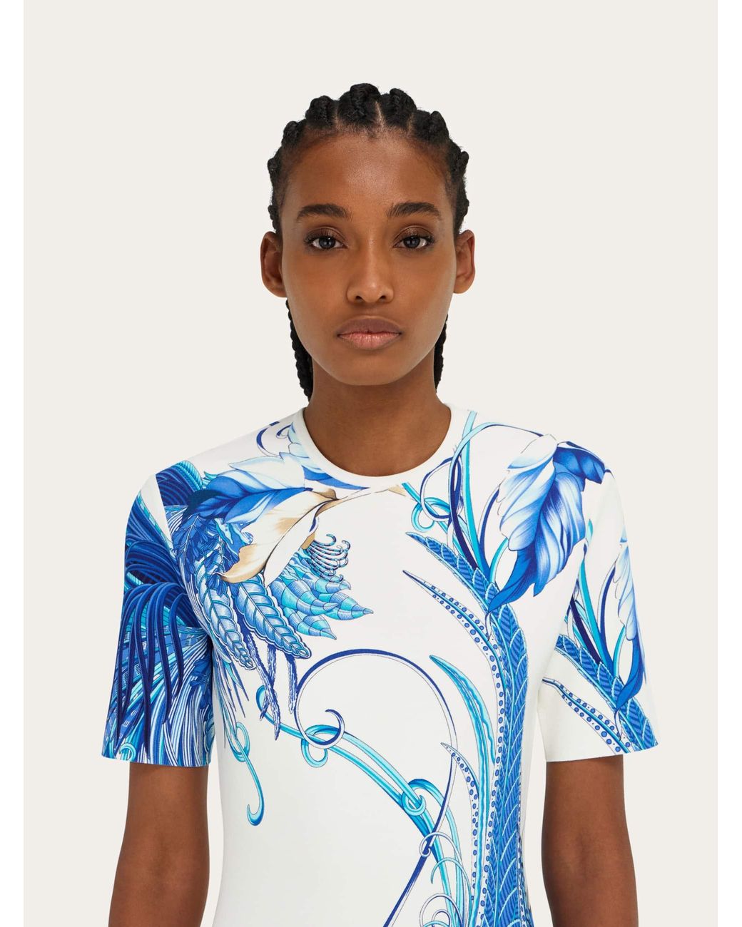 Ferragamo Blue Feather Show Print Dress